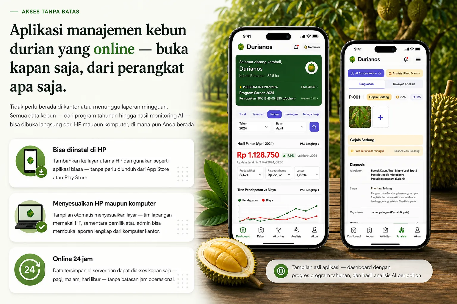 Akses Tanpa Batas — Aplikasi manajemen kebun durian yang online, buka kapan saja dari perangkat apa saja. Bisa diinstal di HP, menyesuaikan HP maupun komputer, online 24 jam.