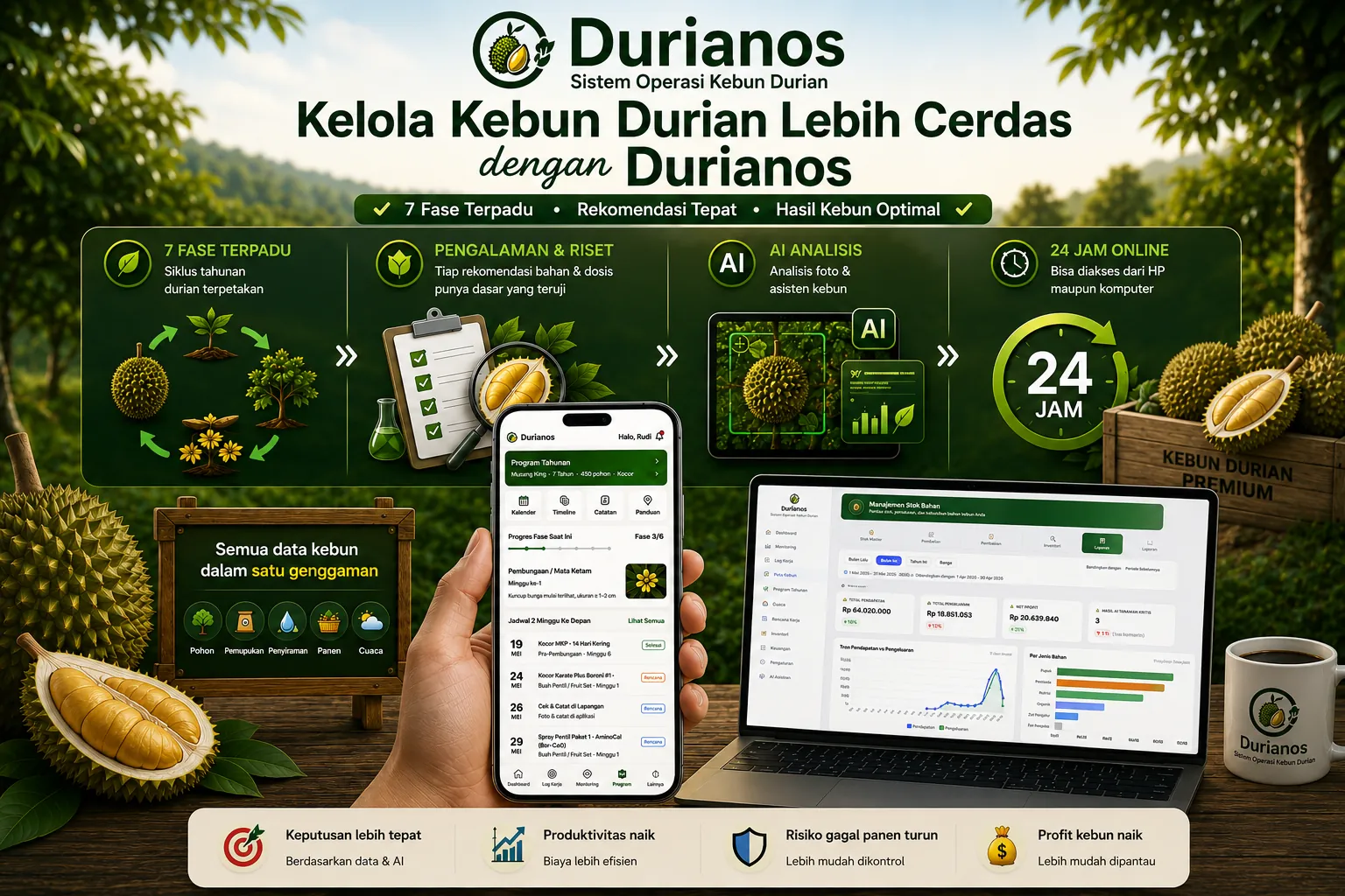 Durianos — Kelola Kebun Durian lebih cerdas. 7 Fase Terpadu, Pengalaman & Riset, AI, 24 Jam. Semua data kebun dalam satu genggaman.