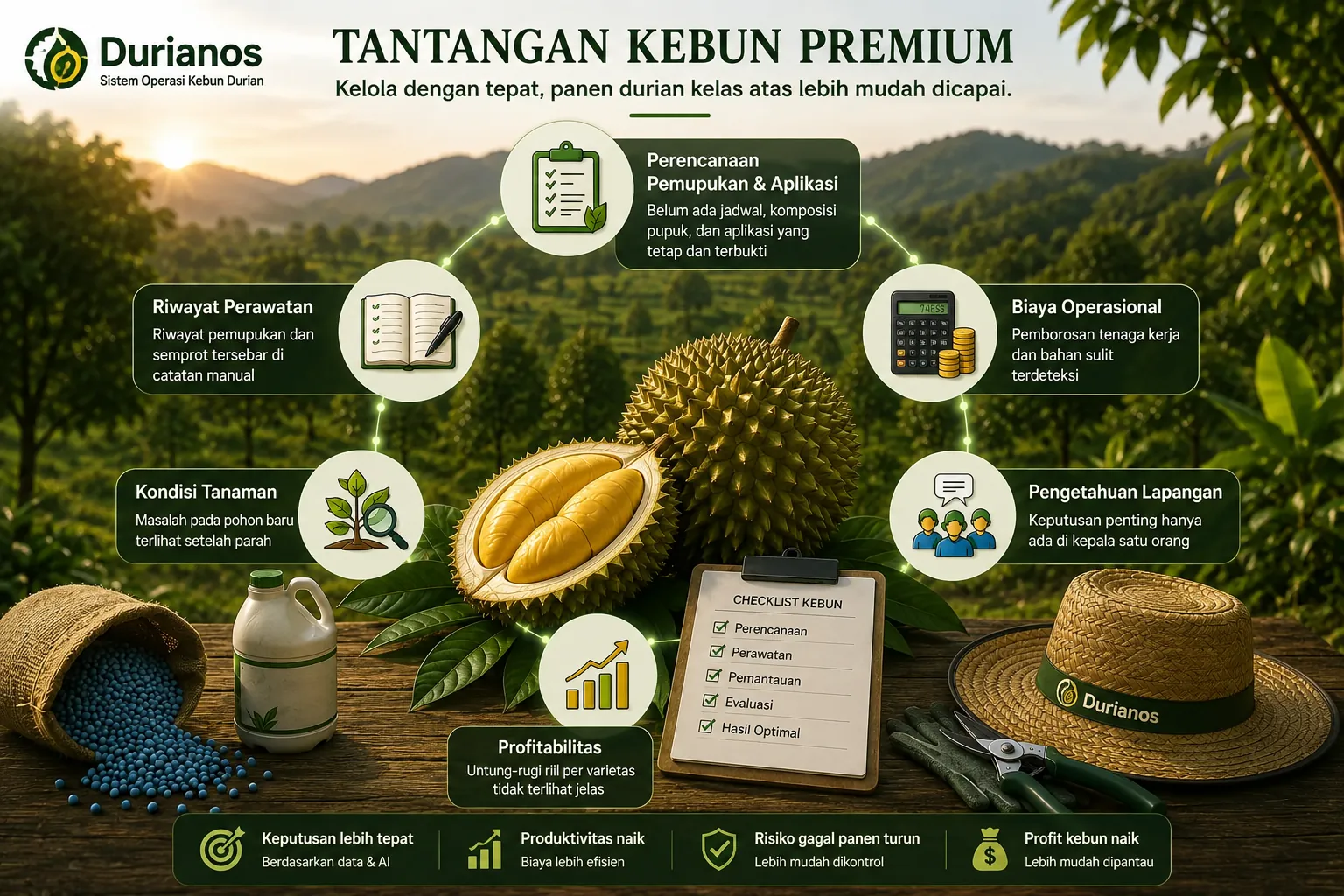 Tantangan Kebun Premium — Perencanaan Pemupukan & Aplikasi, Riwayat Perawatan, Kondisi Tanaman, Profitabilitas, Pengetahuan Lapangan, dan Biaya Operasional.
